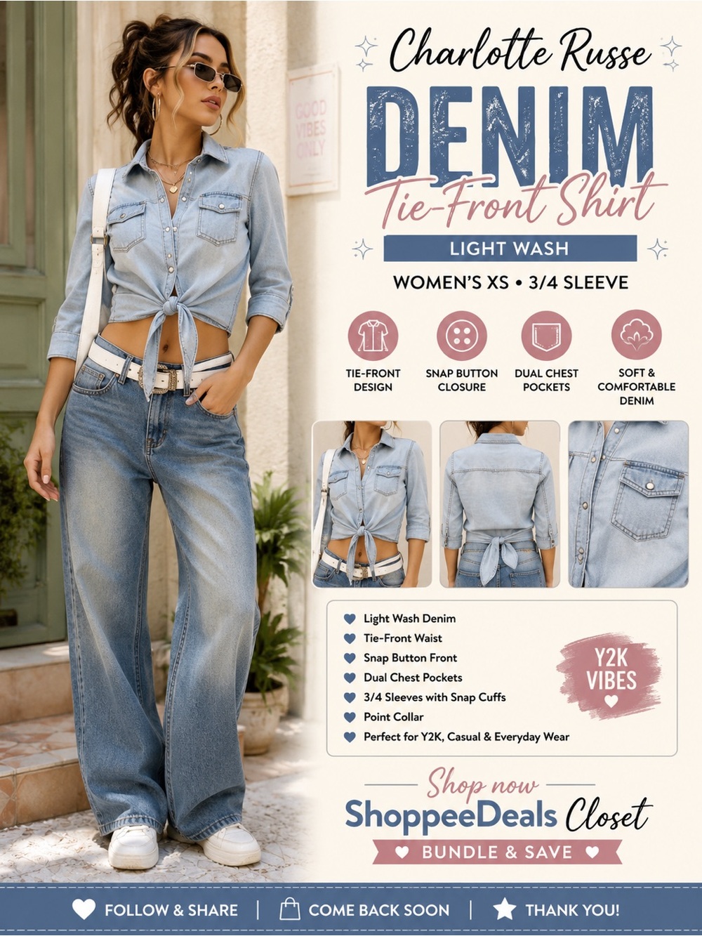 Charlotte Russe Light Wash Tie-Front Denim Shirt – 3/4 Sleeve – Women’s XS